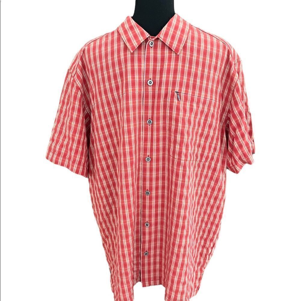 Columbia button down zip pocket plaid shirt, size L.